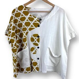 Mona Lisa Womens‎ Button Up Shirt Blouse Top Short Sleeve Mustard Yellow Medium